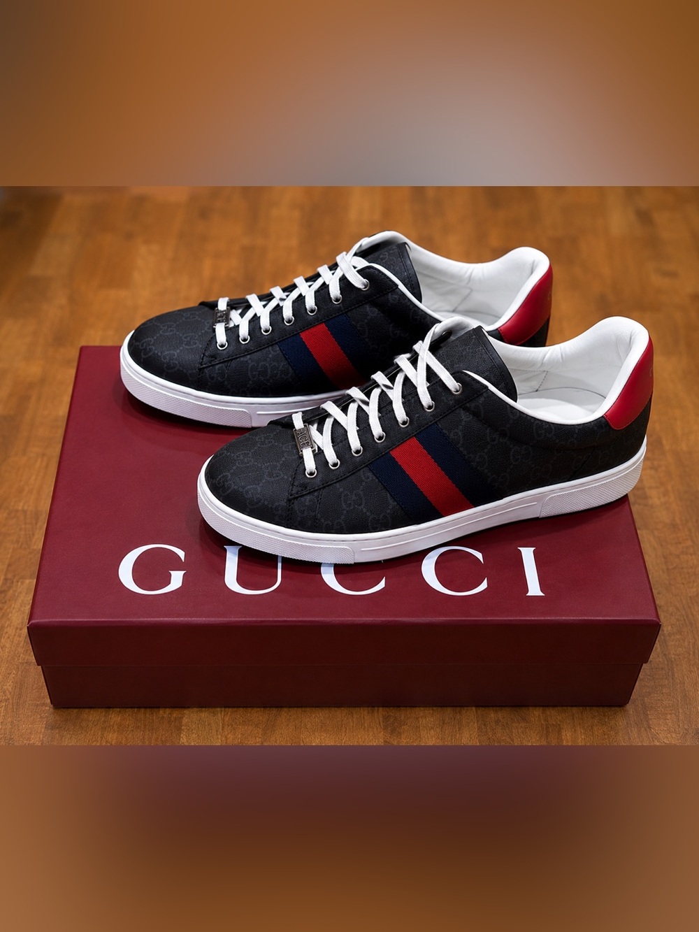 Gucci Ace GG Supreme Web Sneakers Black GG Canvas Men’s Size 9.5 + Box/Dust Bags